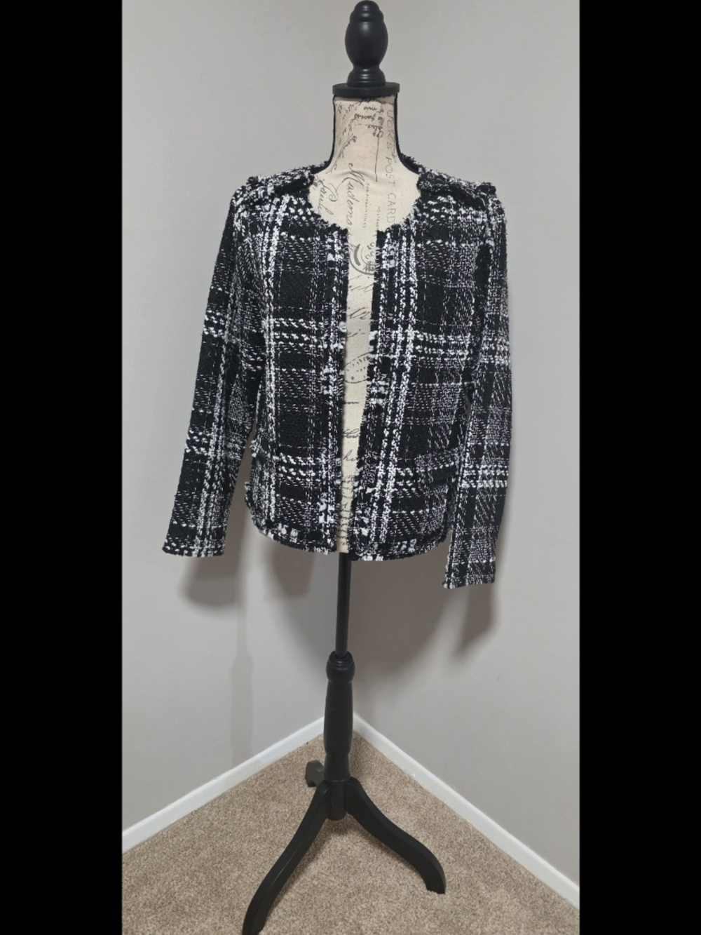 Black & White Plaid Open-Front Tweed Blazer